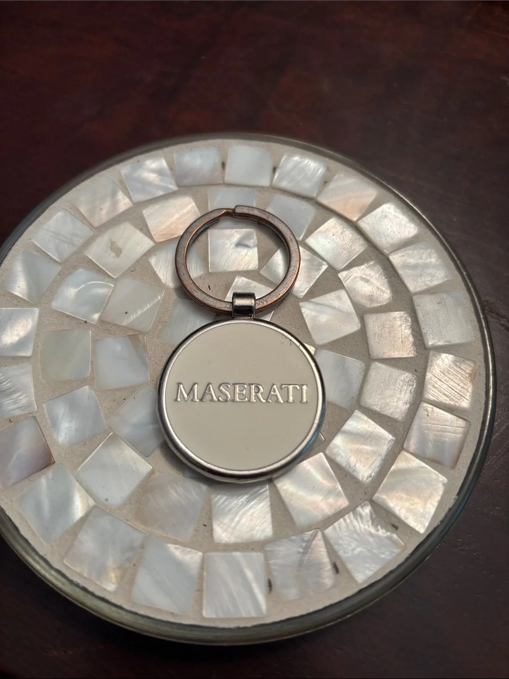 Maserati Silver Tone Round Keyring - White Center